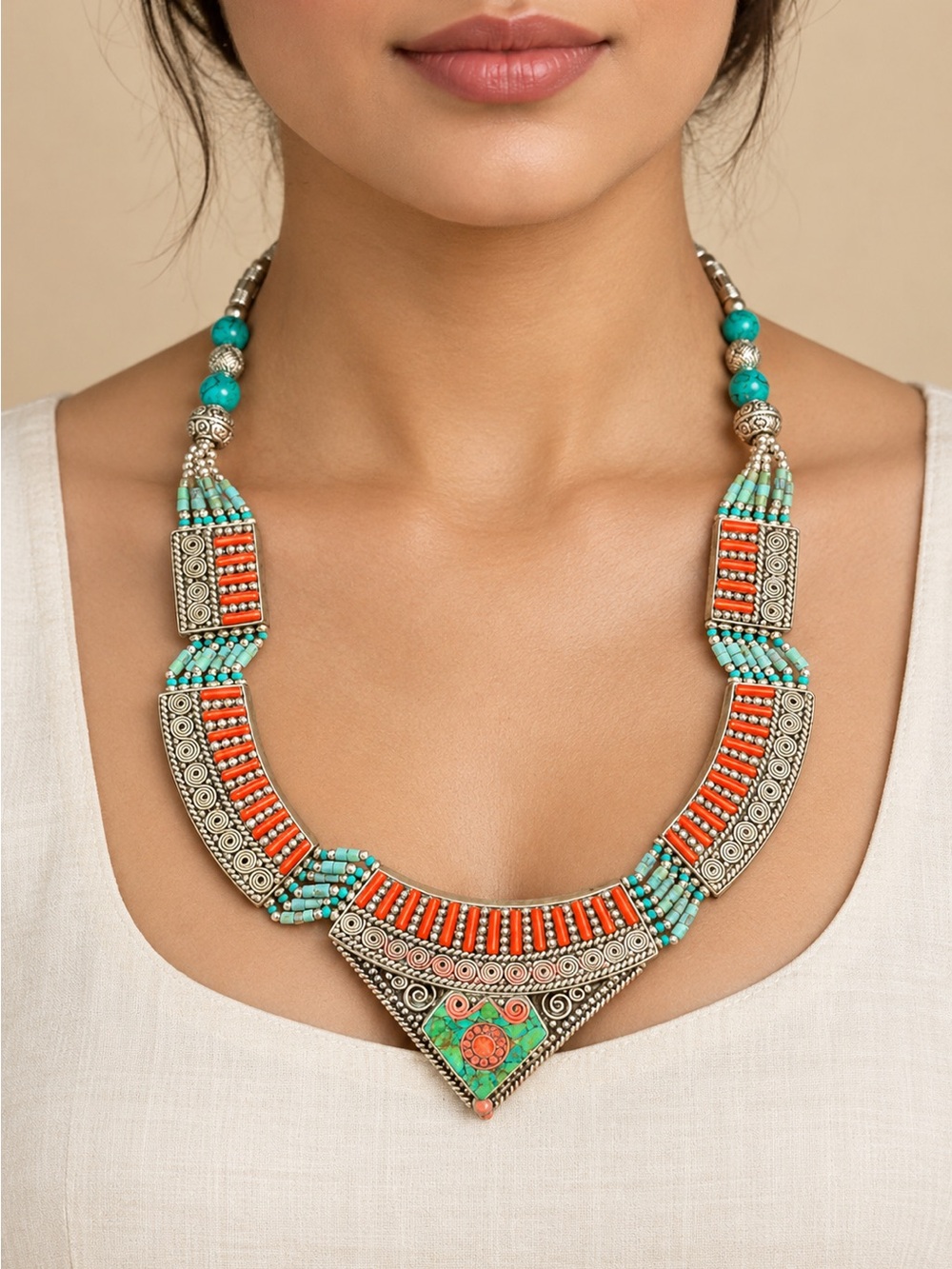 Tibetan Natural Turquoise & Coral Necklace